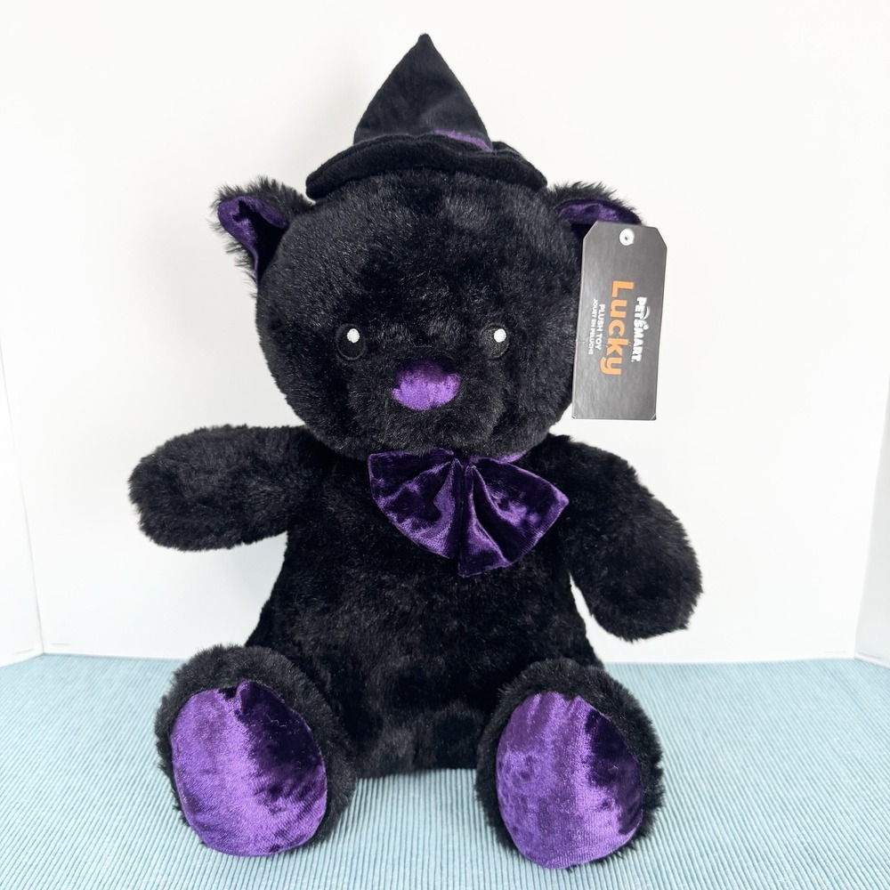 PetSmart LUCKY Cat Black Purple 11" Plush Dog Toy Squeaker Witch Hat Halloween